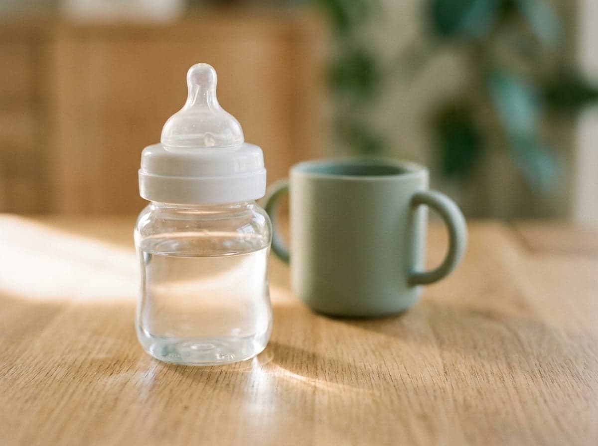 Babyflasche und Kinderbecher auf dem Holztisch bei kidsReinisch